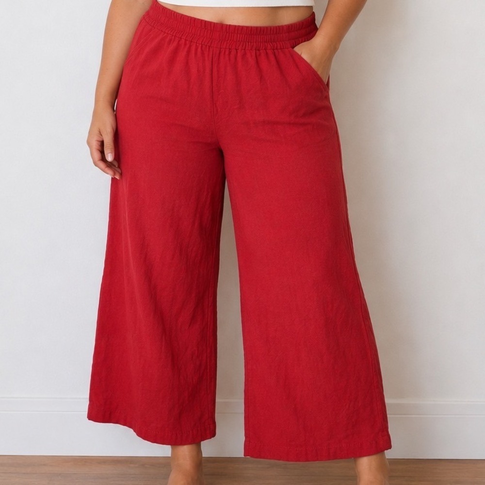 Women's XL Linen Blend Wide Leg Pants Red Pull On Cropped Capri Coastal 24"